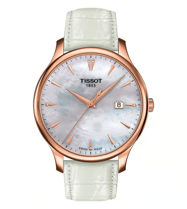 Tissot Tradition Quartz Rose Gold Watch – 42mm Mother-of-Pearl Dial White Leather Strap
