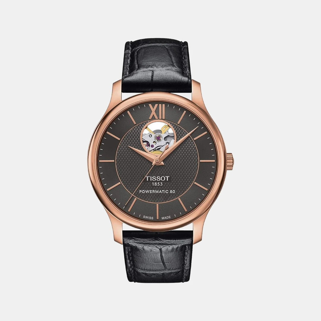 Tissot Tradition Powermatic 80 Open Heart Rose Gold Watch – 40mm Black Guilloche Dial
