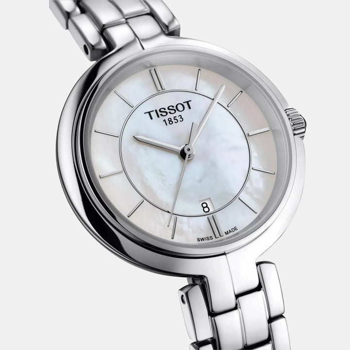 Tissot Flamingo Ladies Watch – 30mm White Mother-of-Pearl Dial Steel Bracelet