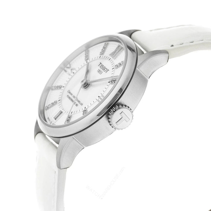 Tissot Chemin des Tourelles Ladies Automatic Watch – 32mm MOP Diamond Dial White Leather