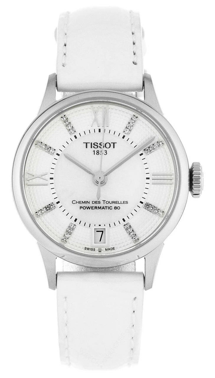 Tissot Chemin des Tourelles Ladies Automatic Watch – 32mm MOP Diamond Dial White Leather