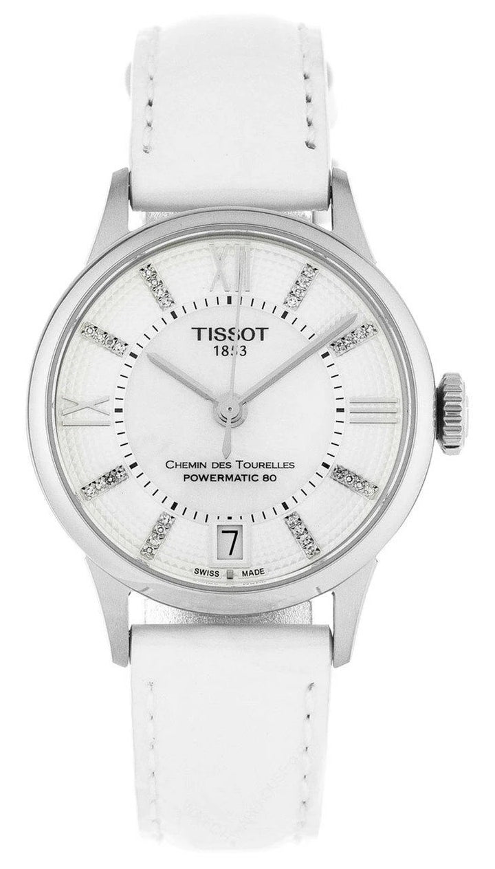 Tissot Chemin des Tourelles Ladies Automatic Watch – 32mm MOP Diamond Dial White Leather