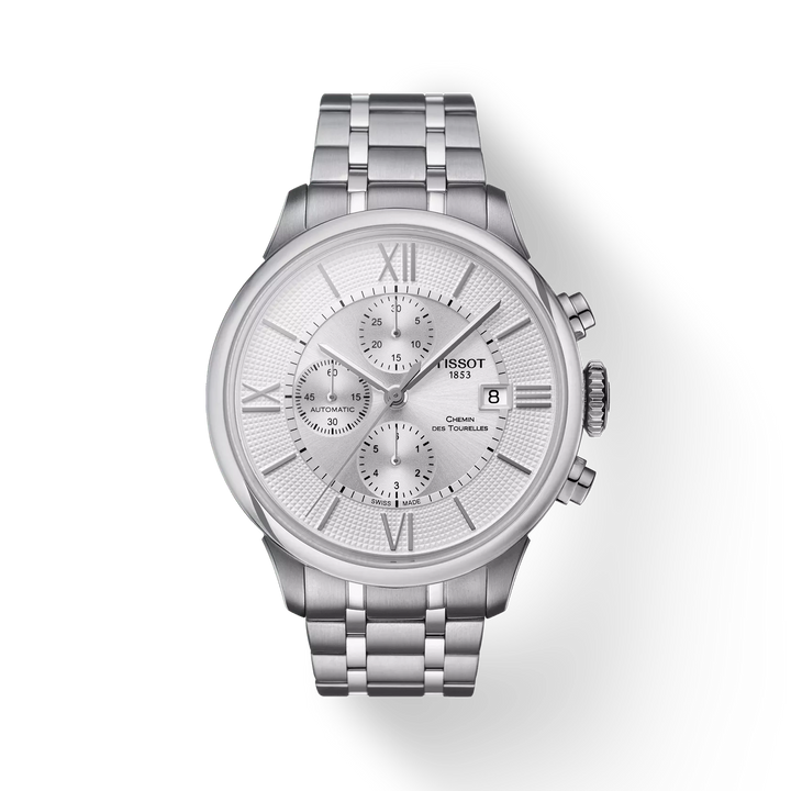Tissot Chemin des Tourelles Automatic Chronograph Watch – 44mm Silver Dial Steel Bracelet
