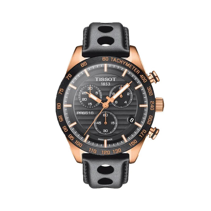 Tissot PRS 516 Quartz Chronograph Watch – 42mm Black Dial Rose Gold Black Leather Strap