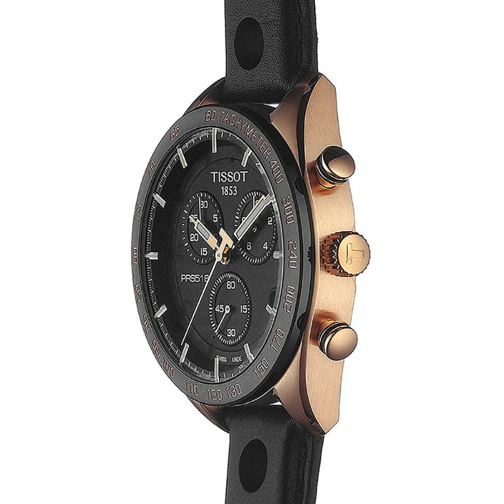 Tissot PRS 516 Quartz Chronograph Watch – 42mm Black Dial Rose Gold Black Leather Strap