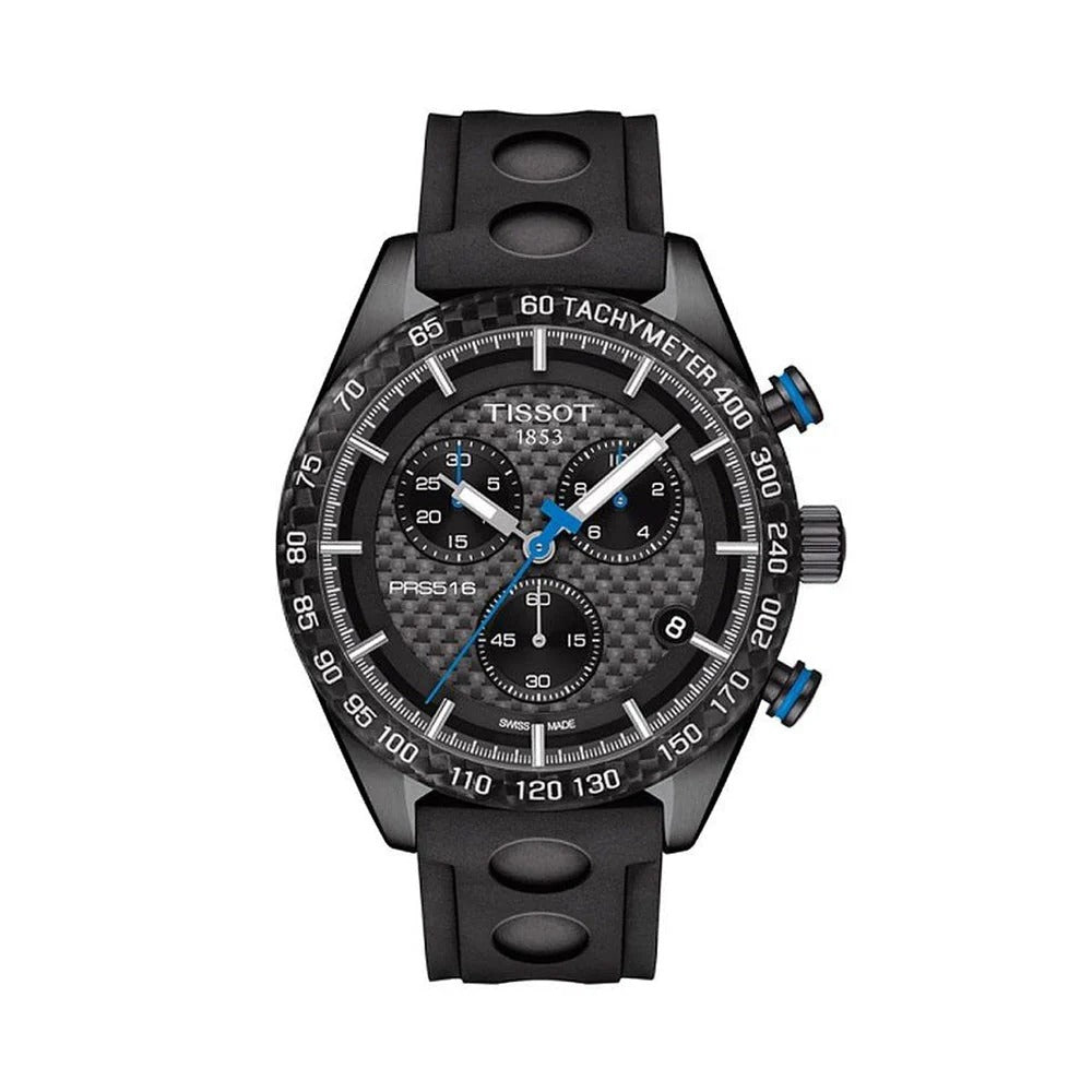 Tissot PRS 516 Quartz Chronograph Watch – 42mm Black Carbon Dial Black PVD Rubber Strap