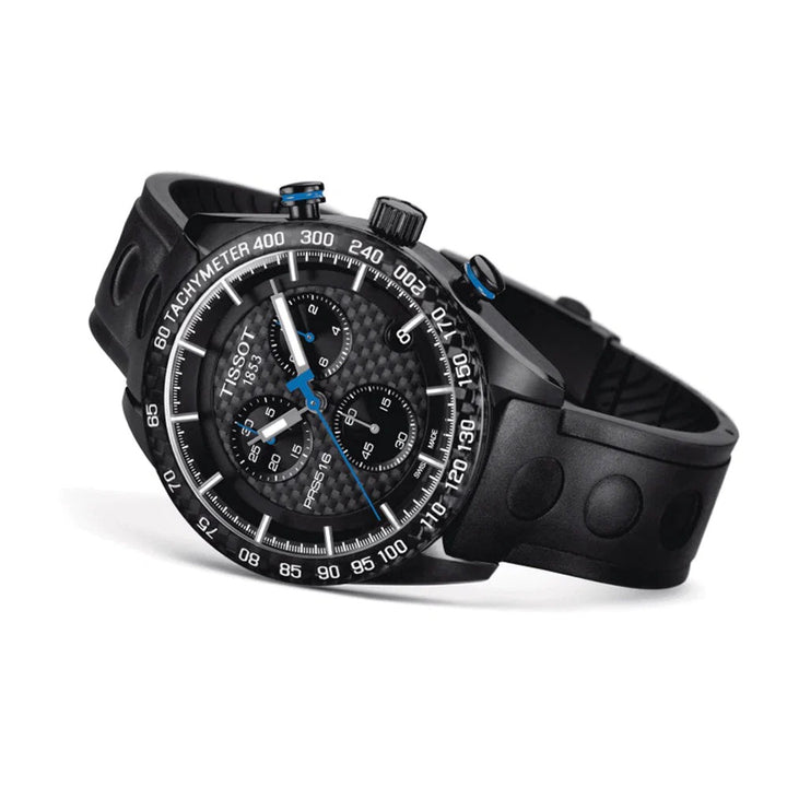 Tissot PRS 516 Quartz Chronograph Watch – 42mm Black Carbon Dial Black PVD Rubber Strap