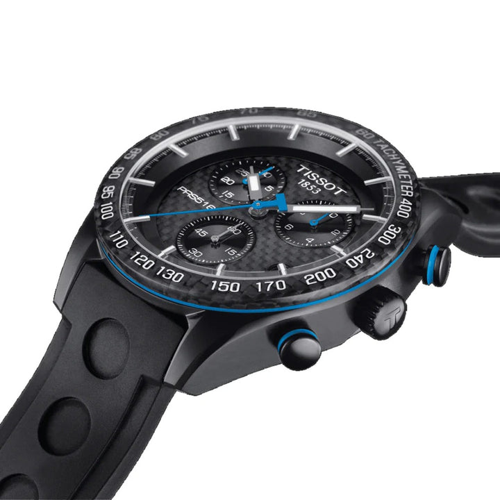 Tissot PRS 516 Quartz Chronograph Watch – 42mm Black Carbon Dial Black PVD Rubber Strap