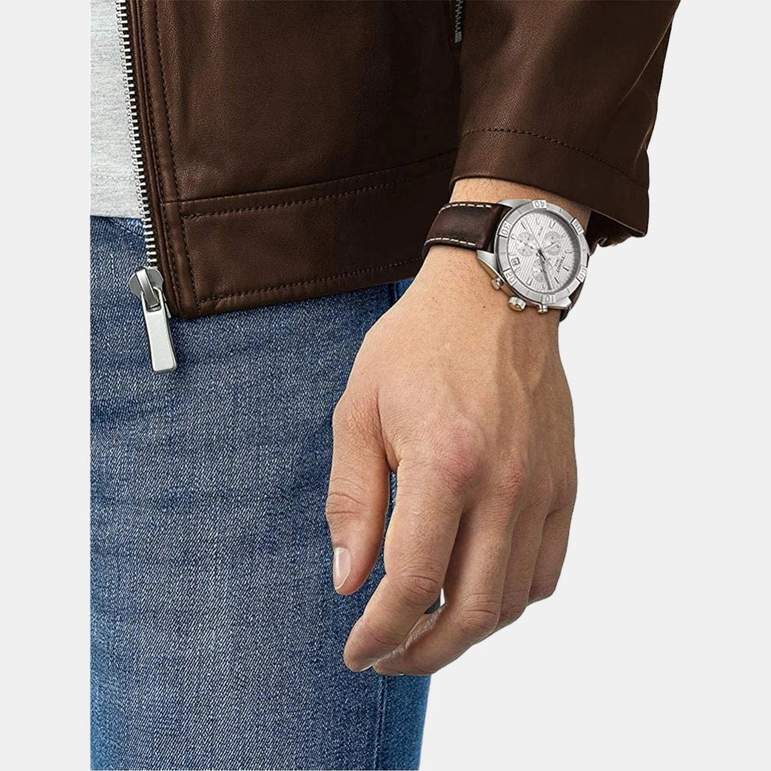 Tissot PR 100 Sport Gent Quartz Chronograph Watch – 44mm Silver Dial Brown Leather Strap