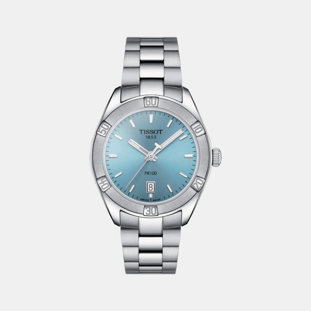 Tissot PR 100 Sport Chic Ladies Watch – 36mm Ice Blue Dial Steel Bracelet
