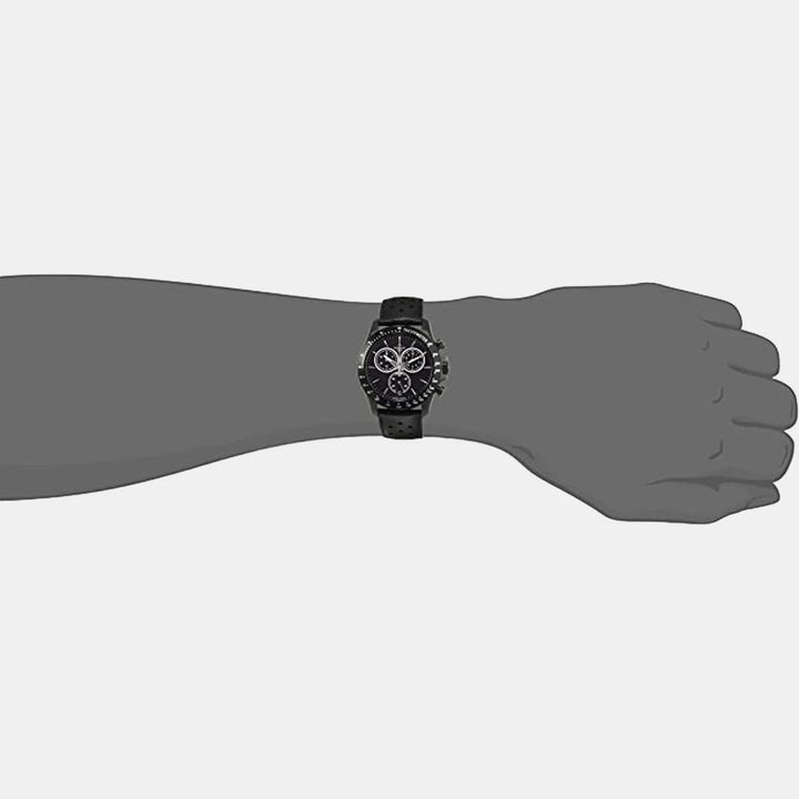 Tissot V8 Quartz Chronograph Watch – 42.5mm Black Dial Black PVD Perforated Leather Strap