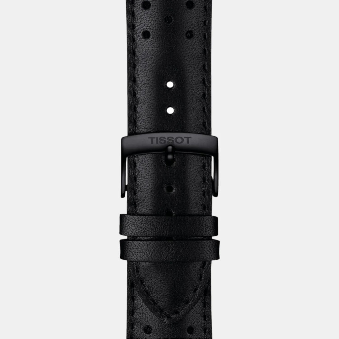 Tissot V8 Quartz Chronograph Watch – 42.5mm Black Dial Black PVD Perforated Leather Strap