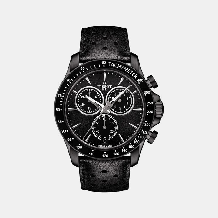 Tissot V8 Quartz Chronograph Watch – 42.5mm Black Dial Black PVD Perforated Leather Strap