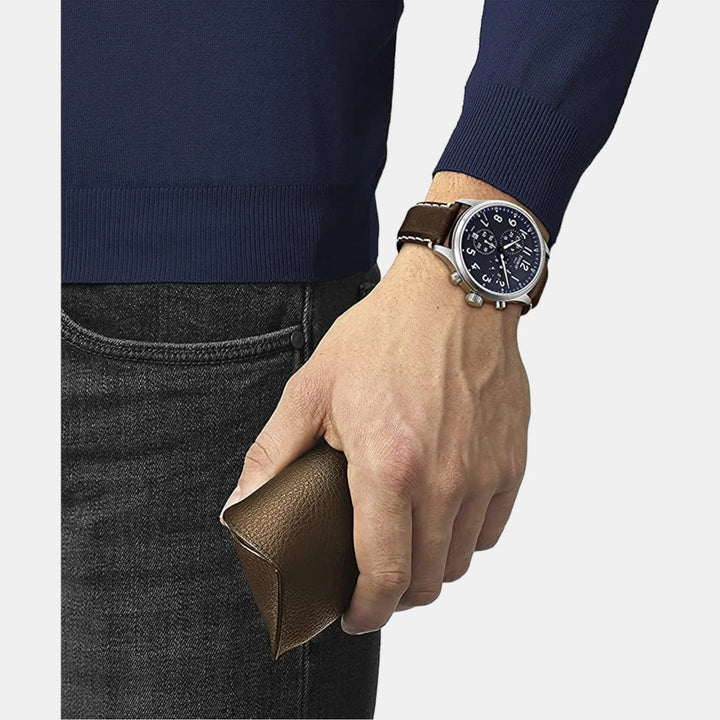 Tissot Chrono XL Vintage Quartz Chronograph Watch – 45mm Blue Dial Brown Leather Strap