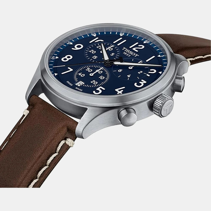 Tissot Chrono XL Vintage Quartz Chronograph Watch – 45mm Blue Dial Brown Leather Strap