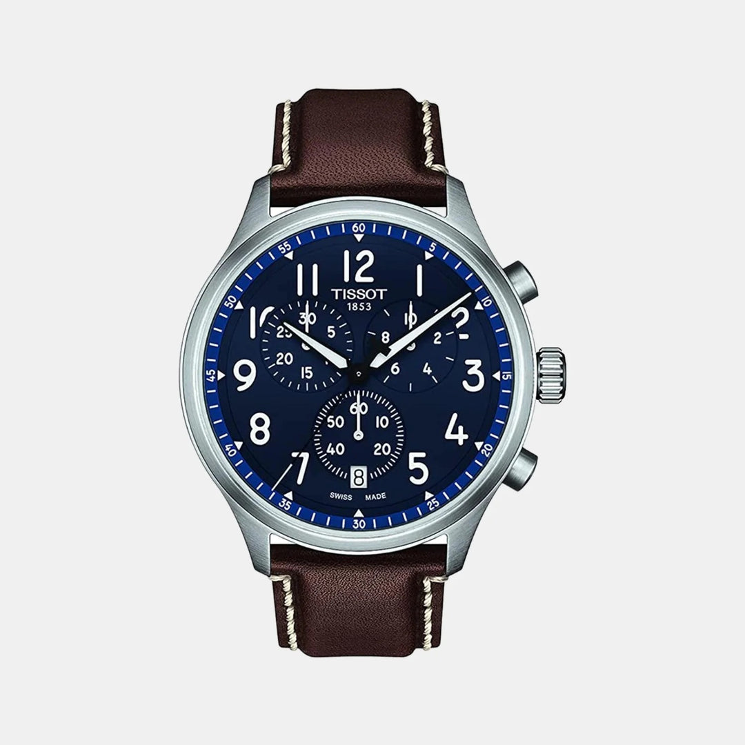 Tissot Chrono XL Vintage Quartz Chronograph Watch – 45mm Blue Dial Brown Leather Strap