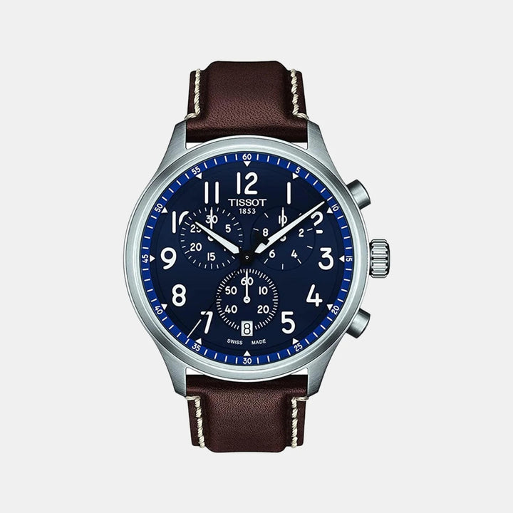 Tissot Chrono XL Vintage Quartz Chronograph Watch – 45mm Blue Dial Brown Leather Strap