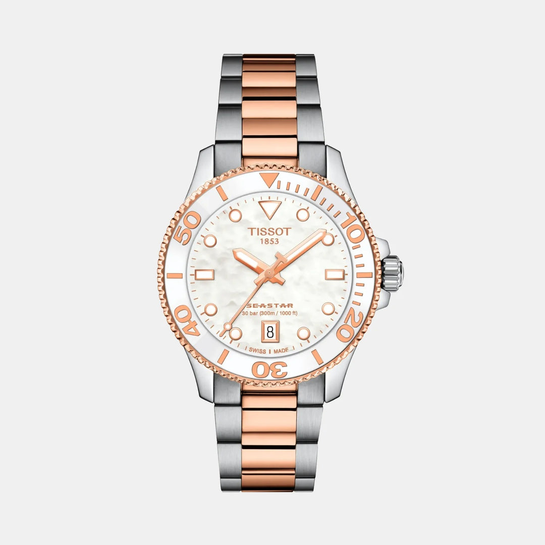 Tissot Seastar 1000 Quartz Watch – 36mm Mother-of-Pearl Dial Two-Tone Rose Gold Bracelet