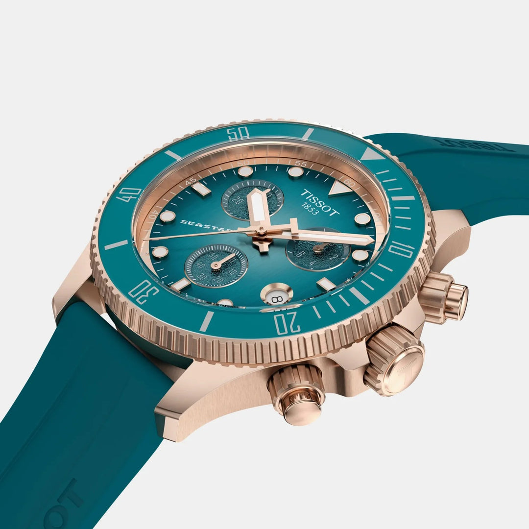 Tissot Seastar 1000 Quartz Chronograph Watch – 38mm Turquoise Dial Rose Gold Silicone Strap