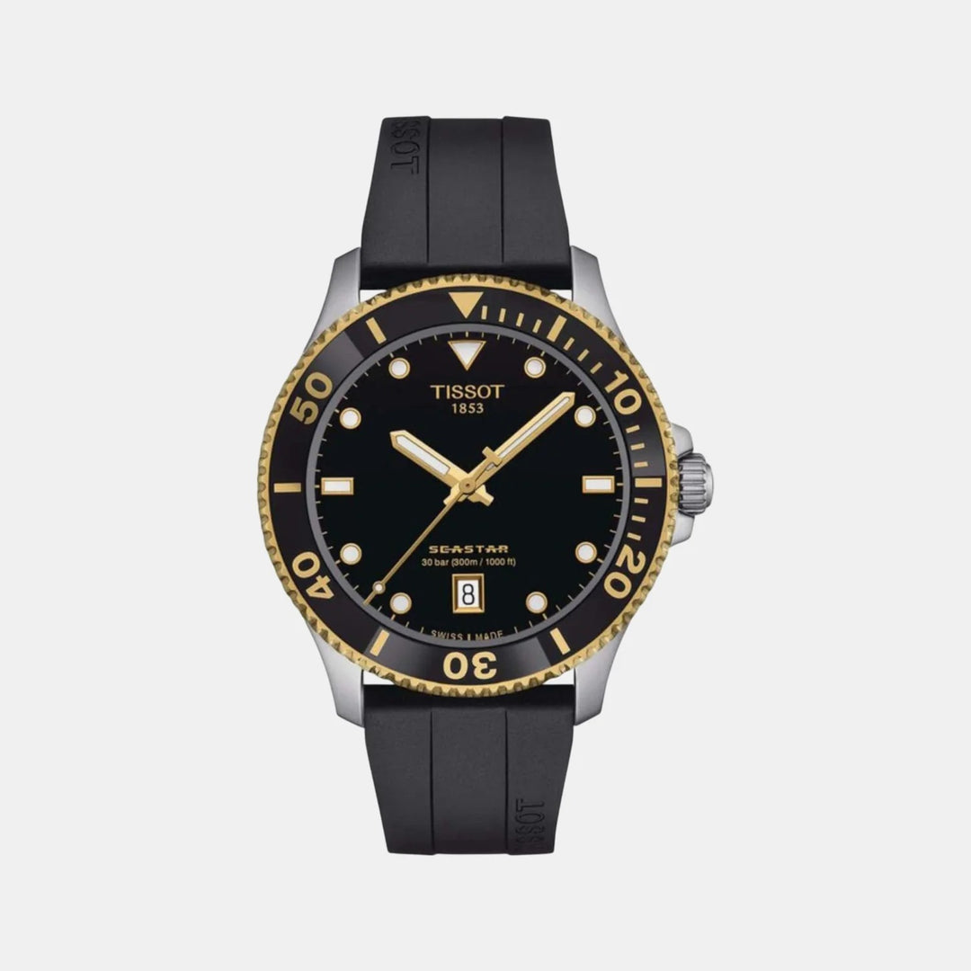 Tissot Seastar 1000 Quartz Watch – 40mm Black Dial Yellow Gold PVD Rubber Strap