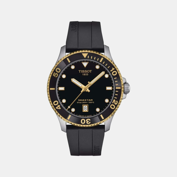 Tissot Seastar 1000 Quartz Watch – 40mm Black Dial Yellow Gold PVD Rubber Strap