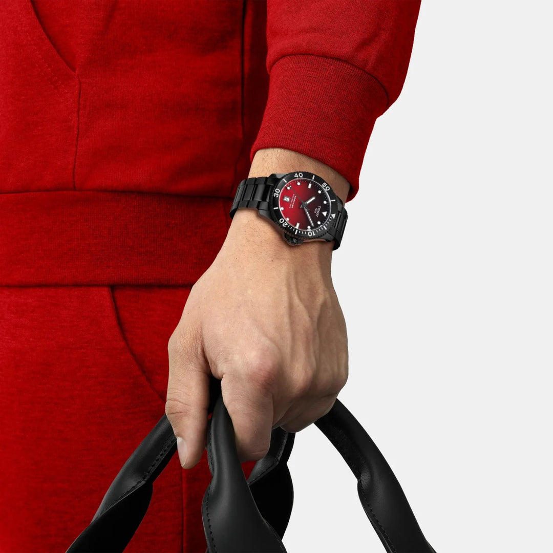 Tissot Seastar 1000 Quartz Watch – 40mm Red-Black Dial Black PVD Bracelet