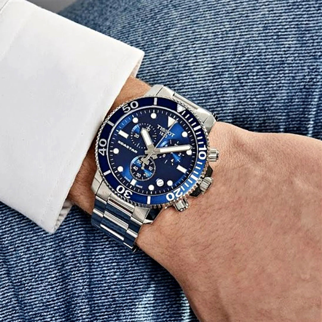 Tissot Seastar 1000 Quartz Chronograph Watch – 45.5mm Blue-Black Dial Steel Bracelet