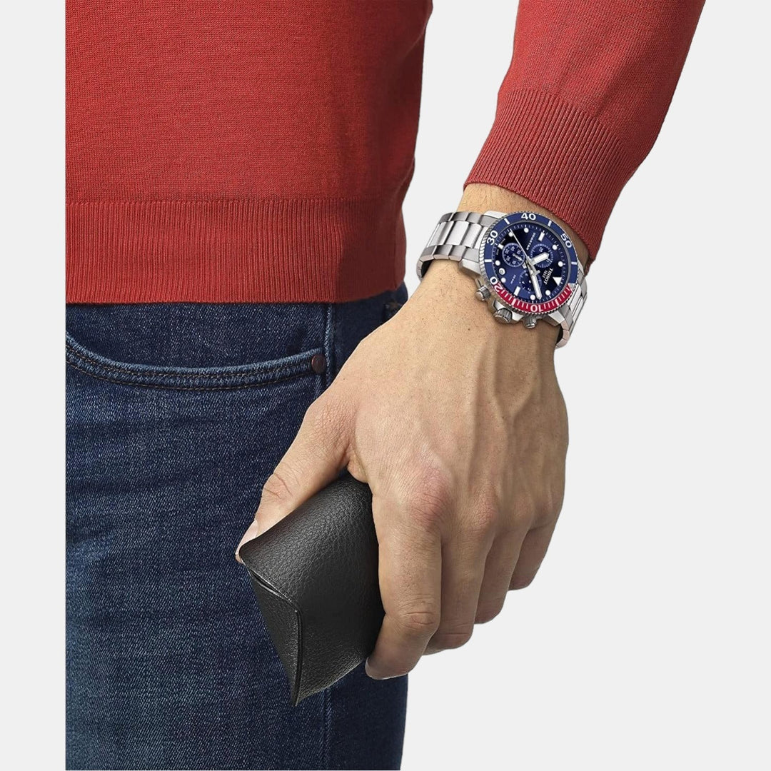 Tissot Seastar 1000 Quartz Chronograph Watch – 45.5mm Blue Dial Pepsi Bezel Steel Bracelet
