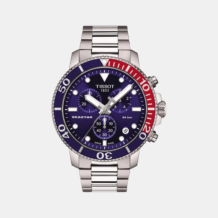 Tissot Seastar 1000 Quartz Chronograph Watch – 45.5mm Blue Dial Pepsi Bezel Steel Bracelet