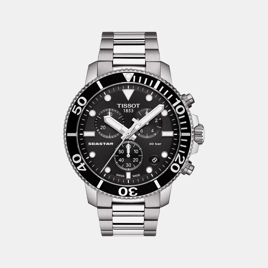 Tissot Seastar 1000 Quartz Chronograph Watch – 45.5mm Black Dial Steel Bracelet