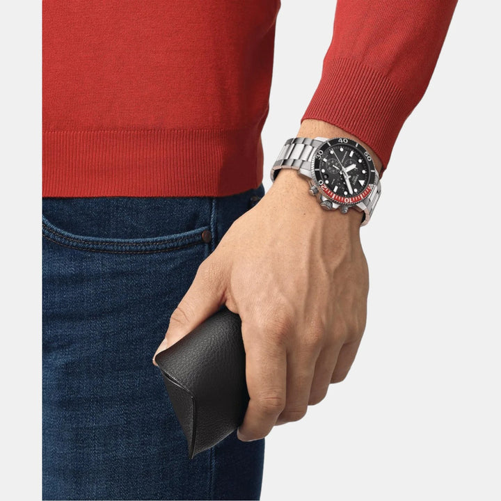 Tissot Seastar 1000 Quartz Chronograph Watch – 45.5mm Black Dial Black/Red Bezel Steel Bracelet