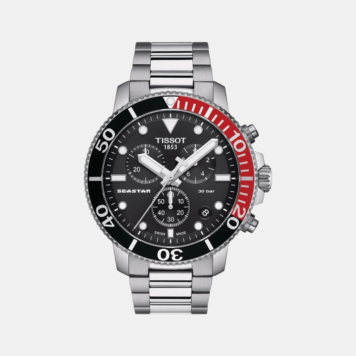Tissot Seastar 1000 Quartz Chronograph Watch – 45.5mm Black Dial Black/Red Bezel Steel Bracelet