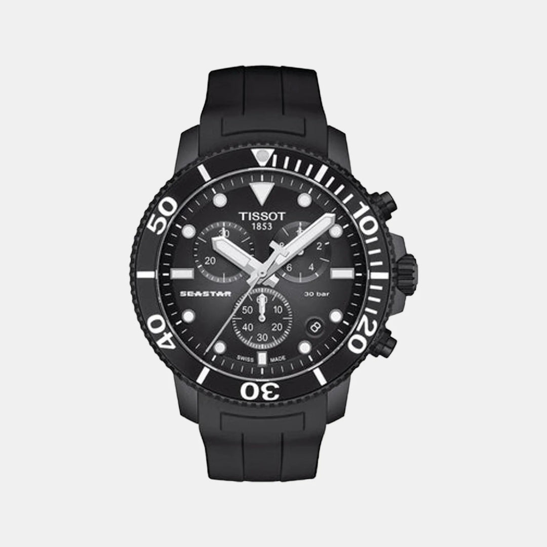 Tissot Seastar 1000 Quartz Chronograph Watch – 45.5mm Black Dial Rose Gold PVD Rubber Strap