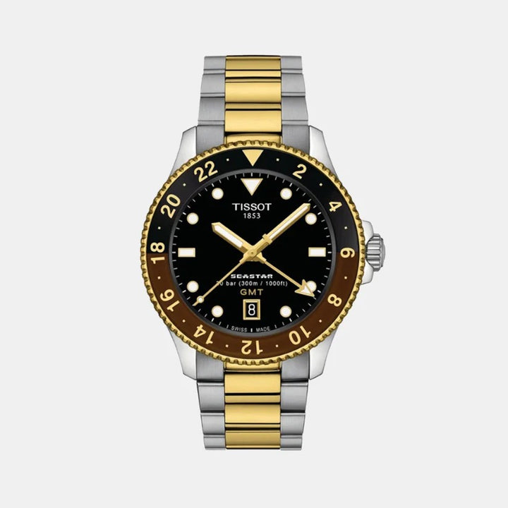 Tissot Seastar 1000 GMT Quartz Watch – 40mm Black Dial Root Beer Two-Tone Yellow Gold Bracelet
