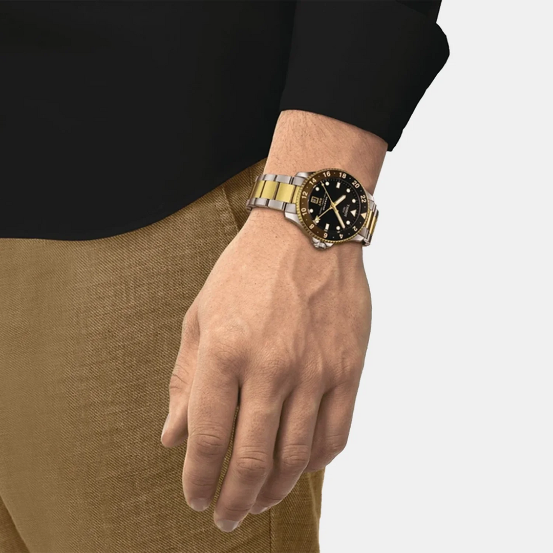 Tissot Seastar 1000 GMT Quartz Watch – 40mm Black Dial Root Beer Two-Tone Yellow Gold Bracelet
