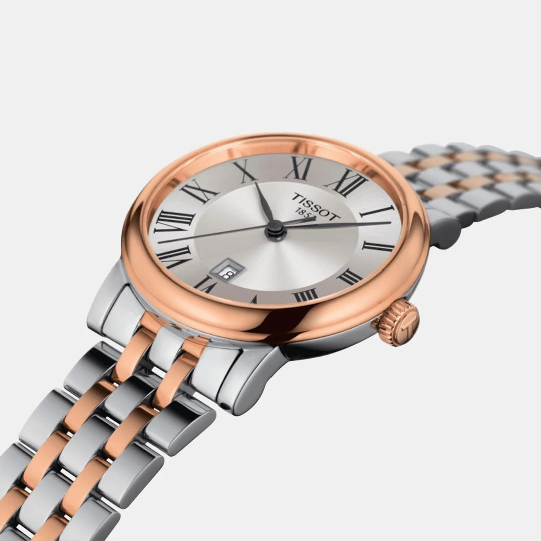 Tissot Carson Premium Lady Watch – 30mm Silver Dial Two-Tone Rose Gold Bracelet