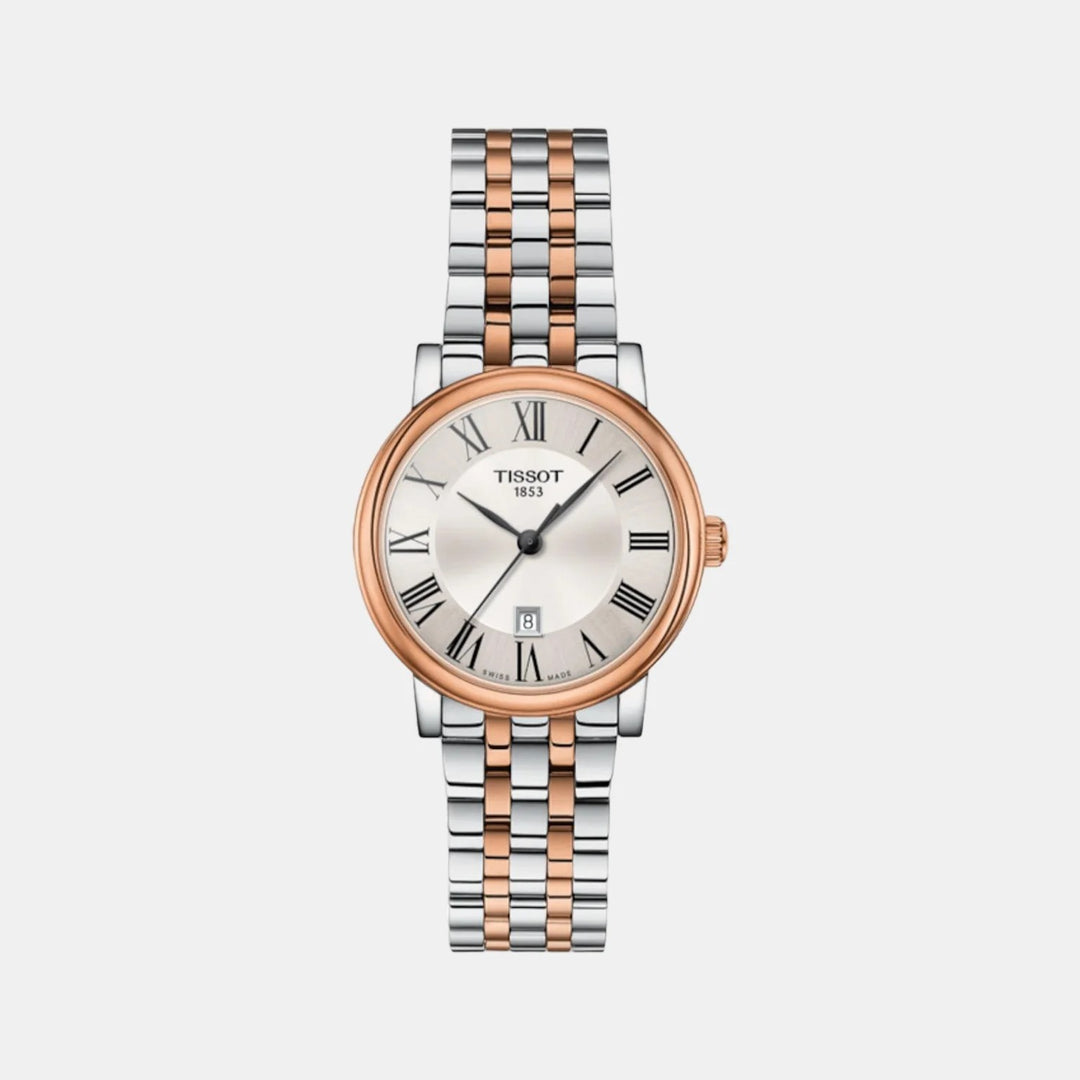 Tissot Carson Premium Lady Watch – 30mm Silver Dial Two-Tone Rose Gold Bracelet