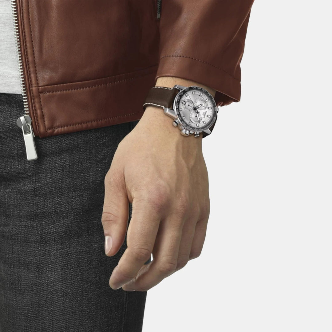 Tissot Supersport Chrono Quartz Chronograph Watch – 45.5mm Silver Dial Brown Leather Strap