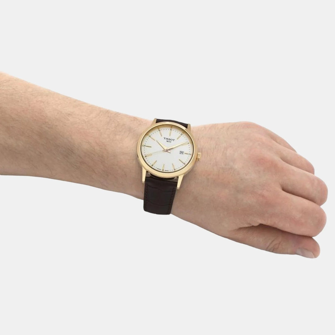 Tissot Classic Dream Gent Watch – 42mm Ivory Dial Yellow Gold PVD Brown Leather Strap