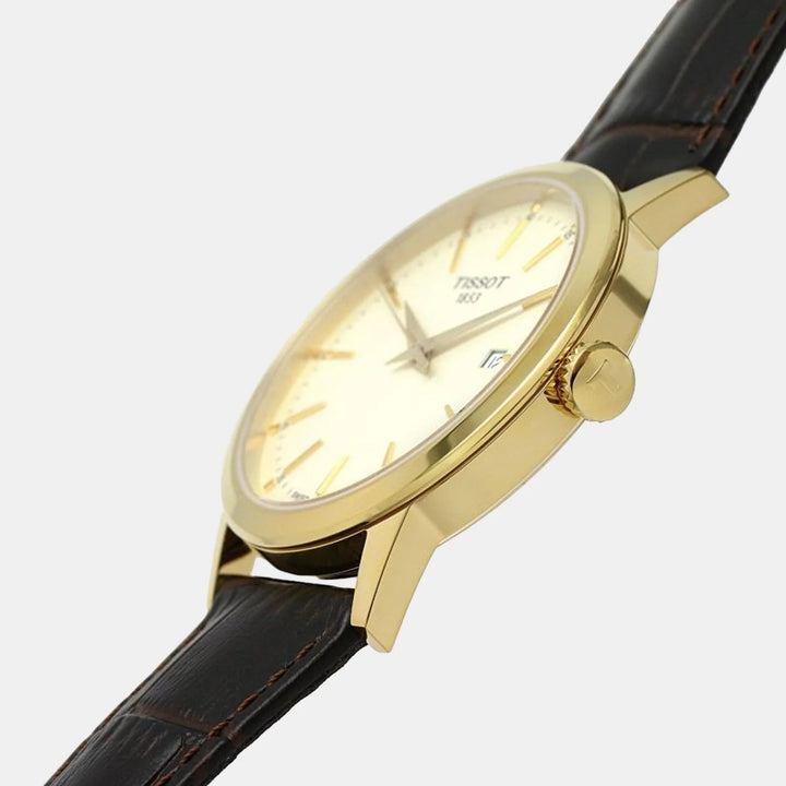 Tissot Classic Dream Gent Watch – 42mm Ivory Dial Yellow Gold PVD Brown Leather Strap
