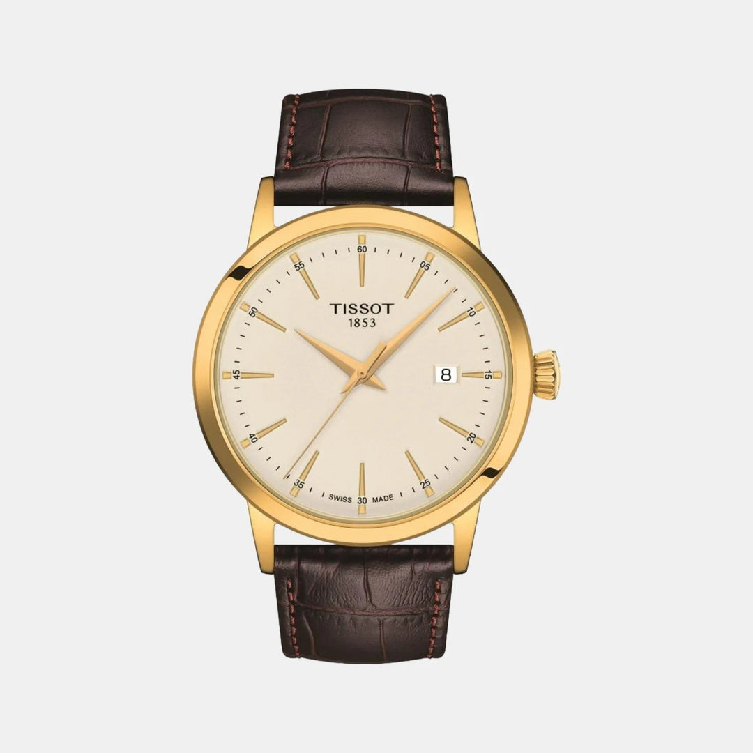 Tissot Classic Dream Gent Watch – 42mm Ivory Dial Yellow Gold PVD Brown Leather Strap