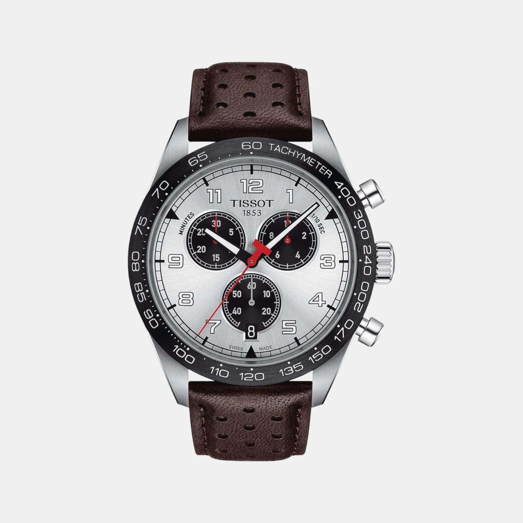 Tissot PRS 516 Quartz Chronograph Watch – 45mm Silver Dial Brown Leather Strap