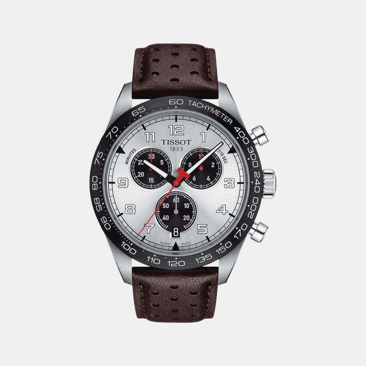 Tissot PRS 516 Quartz Chronograph Watch – 45mm Silver Dial Brown Leather Strap