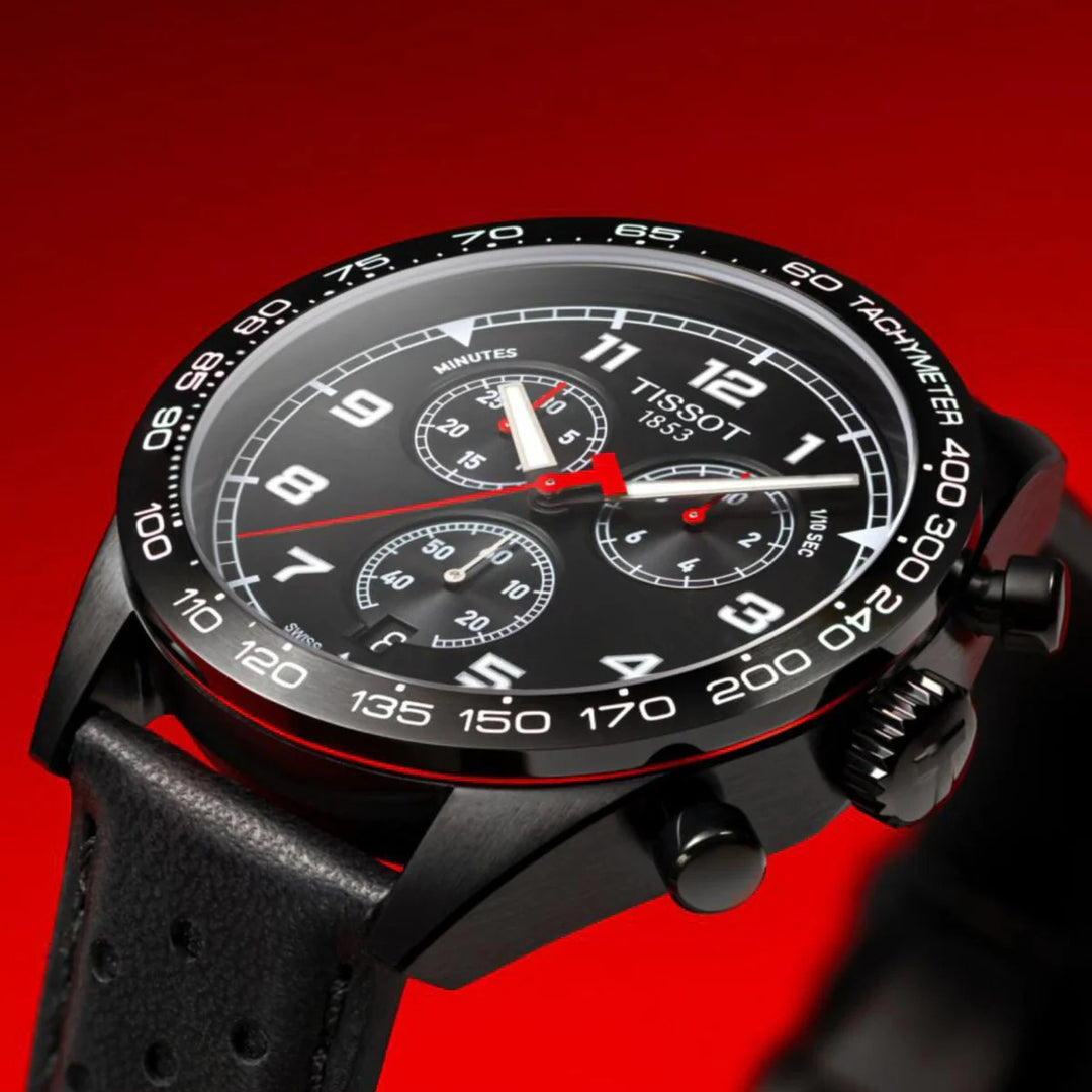 Tissot PRS 516 Quartz Chronograph Watch – 45mm Black Dial Black PVD Black Leather Strap