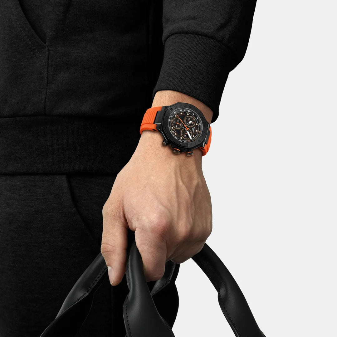 Tissot T-Race Chronograph 45mm Quartz Watch – Black Dial Orange Rubber Strap