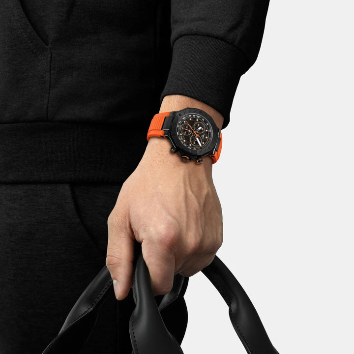 Tissot T-Race Chronograph 45mm Quartz Watch – Black Dial Orange Rubber Strap