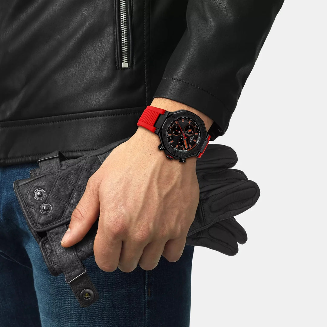 Tissot T-Race Chronograph 45mm Quartz Watch – Black Dial Red Rubber Strap