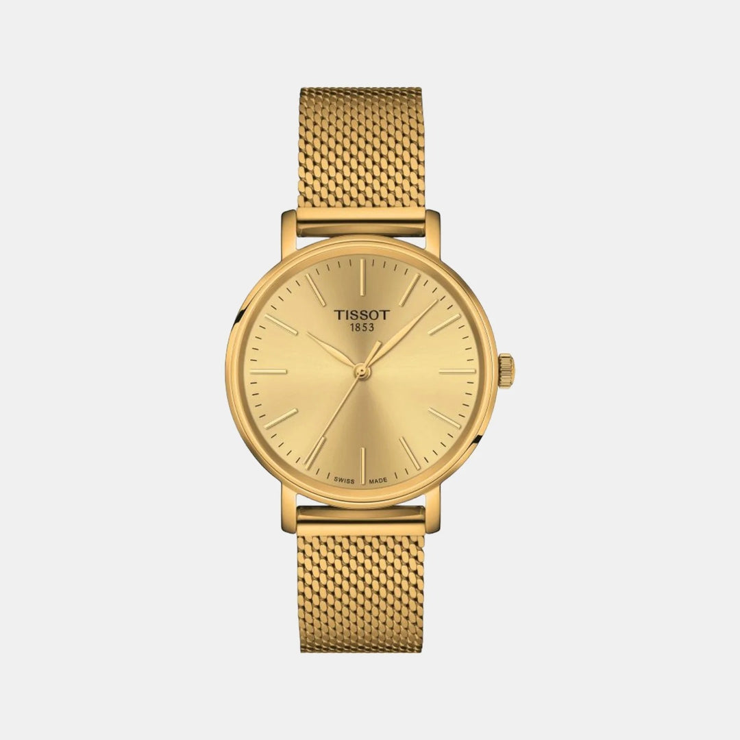 Tissot Everytime 34mm Quartz Watch – Champagne Dial Yellow Gold Mesh