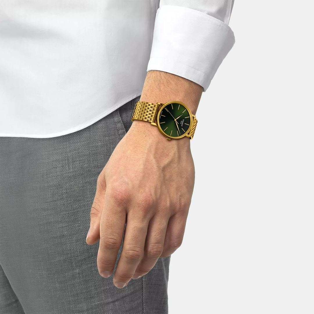 Tissot Everytime 40mm Quartz Watch – Green Dial Yellow Gold Mesh