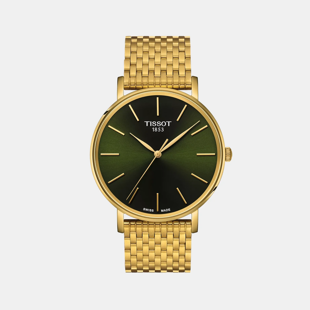 Tissot Everytime 40mm Quartz Watch – Green Dial Yellow Gold Mesh